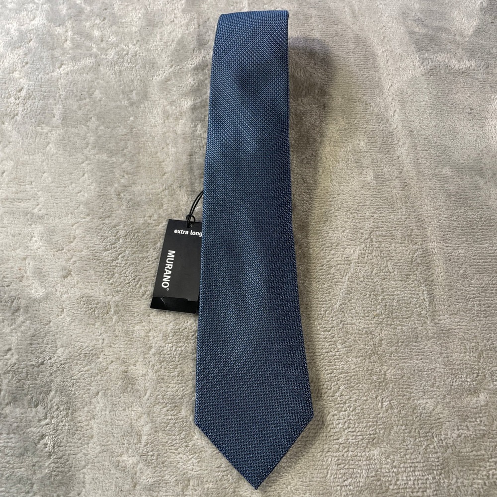 Murano Extra Long Necktie Tie Blue Textured 100% Silk Career Office Luxury